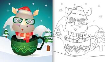 libro da colorare con un simpatico rinoceronte personaggi natalizi con cappello da babbo natale e sciarpa nella tazza vettore