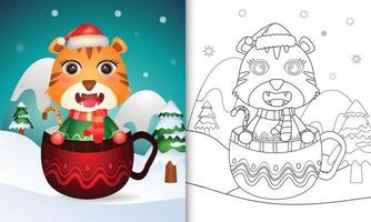 libro da colorare con una simpatica tigre personaggi natalizi con cappello da babbo natale e sciarpa nella tazza vettore