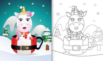 libro da colorare con un simpatico unicorno personaggi natalizi con cappello e sciarpa nella tazza di Babbo Natale vettore