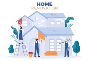ristrutturazione o riparazione della casa con strumenti di costruzione, posa di piastrelle per pavimenti e pittura di pareti in buone condizioni di decorazione in un'illustrazione di sfondo piatto vettore