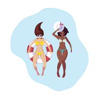 ragazze interrazziali con costume da bagno e bagnino galleggiano in acqua vettore