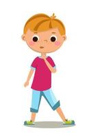 simpatico personaggio ragazzo in pantaloncini corti e una t-shirt rosa a tutta lunghezza. illustrazione vettoriale isolato su uno sfondo bianco