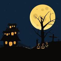 illustrazione vettoriale di casa spaventosa e zucche nere. sfondo di disegno di halloween