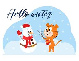 simpatico cartone animato tigre scolpisce un pupazzo di neve. un pupazzo di neve con una sciarpa e una carota. una cartolina con un personaggio adorabile e le parole ciao inverno. illustrazione vettoriale a colori su sfondo blu.