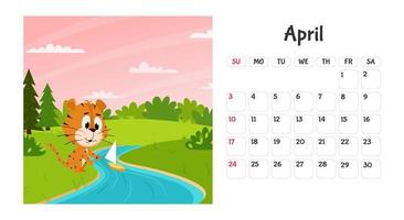 modello di pagina del calendario desktop orizzontale per aprile 2022 con una tigre cartone animato simbolo dell'anno cinese. la settimana inizia di domenica. la tigre lancia una barca sul ruscello vettore