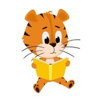 la tigre si siede e legge un libro. simpatico personaggio dei cartoni animati. la tigre è il simbolo dell'anno 2022. illustrazione vettoriale per bambini. Isolato su uno sfondo bianco