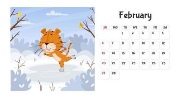 modello di pagina del calendario desktop orizzontale per febbraio 2022 con una tigre cartone animato simbolo dell'anno cinese. la settimana inizia di domenica. tigre che pattina vettore