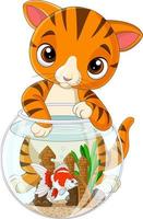 gatto a strisce dei cartoni animati con pesci rossi in acquario vettore