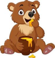 orso del bambino del fumetto che si siede e che mangia il miele dalla pentola vettore