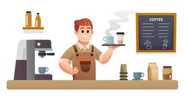 barista carino che trasporta caffè con vassoio all'illustrazione del bancone della caffetteria