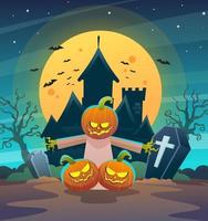 carattere di spaventapasseri felice delle zucche di halloween con il castello di notte oscura e l'illustrazione di concetto della luna