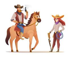 cowboy occidentale della fauna selvatica che tiene la pistola mentre cavalca cavallo e cowgirl che tiene l'illustrazione dei caratteri della pistola del fucile vettore