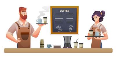 baristi maschi e femmine che trasportano caffè all'illustrazione della caffetteria vettore
