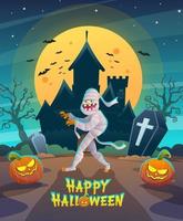 carattere felice della mummia di halloween con il castello di notte oscura e l'illustrazione di concetto della luna vettore