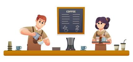 simpatico barista maschio che prepara il caffè e il barista femminile che trasporta caffè con l'illustrazione del vassoio vettore