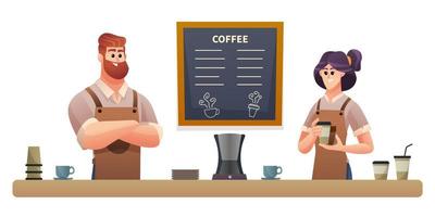 baristi uomo e donna che lavorano all'illustrazione della caffetteria vettore