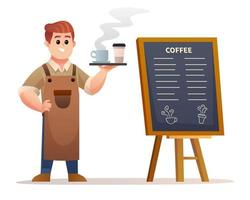 simpatico barista in piedi vicino alla scheda del menu mentre trasporta il caffè con l'illustrazione del vassoio