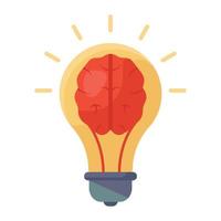 cervello all'interno di una lampadina, icona piatta alla moda del brainstorming vettore