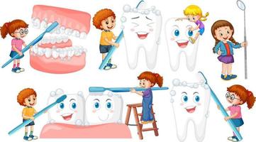 set di bambini felici che tengono attrezzature per la pulizia dentale su sfondo bianco vettore