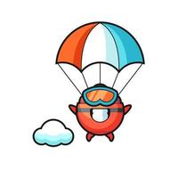 Il fumetto della mascotte della ciotola della polpetta sta facendo il paracadutismo con un gesto felice vettore