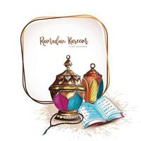bellissimo saluto islamico decorativo del festival del ramadan kareem con sfondo di carte di lampade vettore