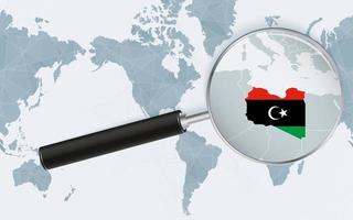 mappa ingrandita della libia sulla mappa del mondo centrata sull'america. mappa ingrandita e bandiera della libia. vettore