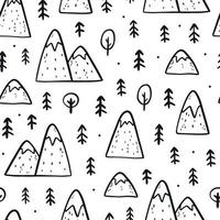 carino modello senza cuciture con montagne e alberi disegnati a mano su sfondo bianco. buono per stampe tessili per asili nido, carta da parati, carta da regalo natalizia, scrapbooking, pagine da colorare, ecc. eps 10 vettore