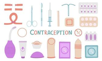 insieme di contraccezione. controllo delle nascite. vaginale, anello, doccia, preservativo, pillole, iud, impianto, diaframma e iniezione. illustrazione per la stampa, sfondi e poster. isolato su sfondo bianco. vettore