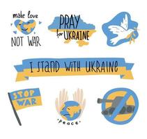 nessuna guerra in Ucraina. adesivo ed elementi. mappa e bandiera dell'ucraina. sostegno per l'Ucraina. scritte di pace. fermare la raccolta di vettore di doodle di guerra.