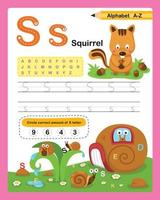lettera s dell'alfabeto - esercizio di scoiattolo con illustrazione del vocabolario dei cartoni animati, vettore