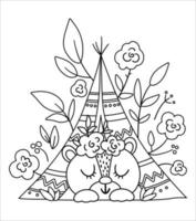 vettore orso boemo che dorme in wigwam con fiori sulla testa. bosco bianco e nero animale isolato su sfondo bianco. composizione floreale della foresta di boho. pagina da colorare foresta.