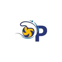 il logo della lettera p e la pallavolo colpiscono le onde dell'acqua vettore
