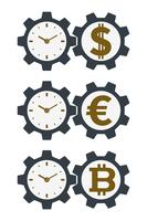 Icone dell&#39;ingranaggio con valute e quadranti di orologio vettore