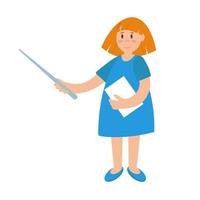 donna insegnante in stile cartone animato. simpatico personaggio femminile in abito blu con libro e puntatore in mano vettore
