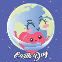 illustrazione kawaii del giorno della terra. cartone animato felice pianeta terra con un cuore - vettore