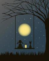 paesaggio notturno, sagome di una ragazza con una lanterna e un gatto seduto su un'altalena sospesa che guarda il cielo stellato e la luna. vettore