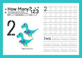 modello di tracciamento dei numeri contando il dinosauro con il numero due vettore