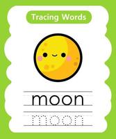 fogli di lavoro di parole di tracciamento in inglese con vocabolario luna vettore