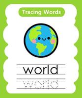 fogli di lavoro di parole di tracciamento in inglese con il mondo del vocabolario vettore