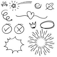 doodle set di elementi, nero su sfondo bianco. freccia, cuore, amore, stella, foglia, sole, luce, fiore, margherita, corona, re, regina, fruscii, picchi, enfasi, vortice, vettore di stile del fumetto di arte di heart.line