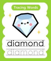fogli di lavoro di parole di tracciamento in inglese con diamante di vocabolario vettore