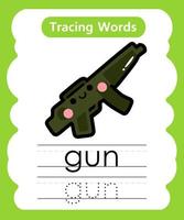 fogli di lavoro di parole inglesi con vocabolario gun vettore