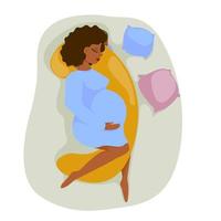 donna incinta con grande pancia che dorme sul cuscino di gravidanza. concetto di sonno sano della futura madre. design piatto. illustrazione vettoriale. vettore