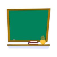 lavagna verde simpatico cartone animato. concetto di scuola, gesso, libri, cactus in vaso. illustrazione vettoriale con stile piatto.