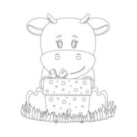 lineart di vitello toro sulla radura con confezione regalo. illustrazione vettoriale per bambini libro da colorare.
