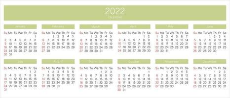 calendario 2022. inizio settimana domenica. modello di calendario annuale nei colori verde bianco nero, domenica nei colori rossi. illustrazione vettoriale. vettore