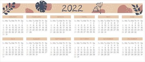 calendario 2022. inizio settimana domenica. modello di calendario annuale con fiori alla moda. illustrazione vettoriale. vettore
