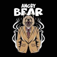 testa di orso uomo che indossa un abito con illustrazione di fumo e scritte di orso arrabbiato vettore