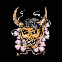 maschera giapponese oni oro e illustrazione di fiori per il design e la stampa di t-shirt vettore