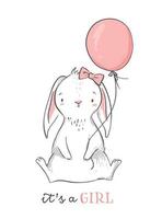 carta baby shower. è una coniglietta rosa con un palloncino. simpatico personaggio di coniglio. illustrazione di arte della parete della scuola materna. vettore